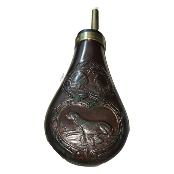 Antique Civil War Dog & Bird Horn Flask Embossed Copper Powder Flask - Picture 6 of 6